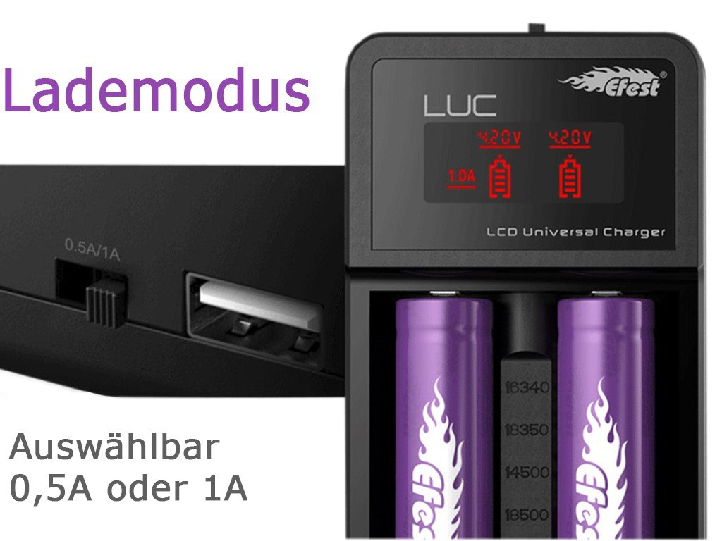 Efest LUC V2 ładowarka z wyświetlaczem LCD i wyjściem USB z zasilaczem 230 V. Efest LUC V2 ładowarka z wyświetlaczem LCD i wyjściem USB z zasilaczem 230 V.