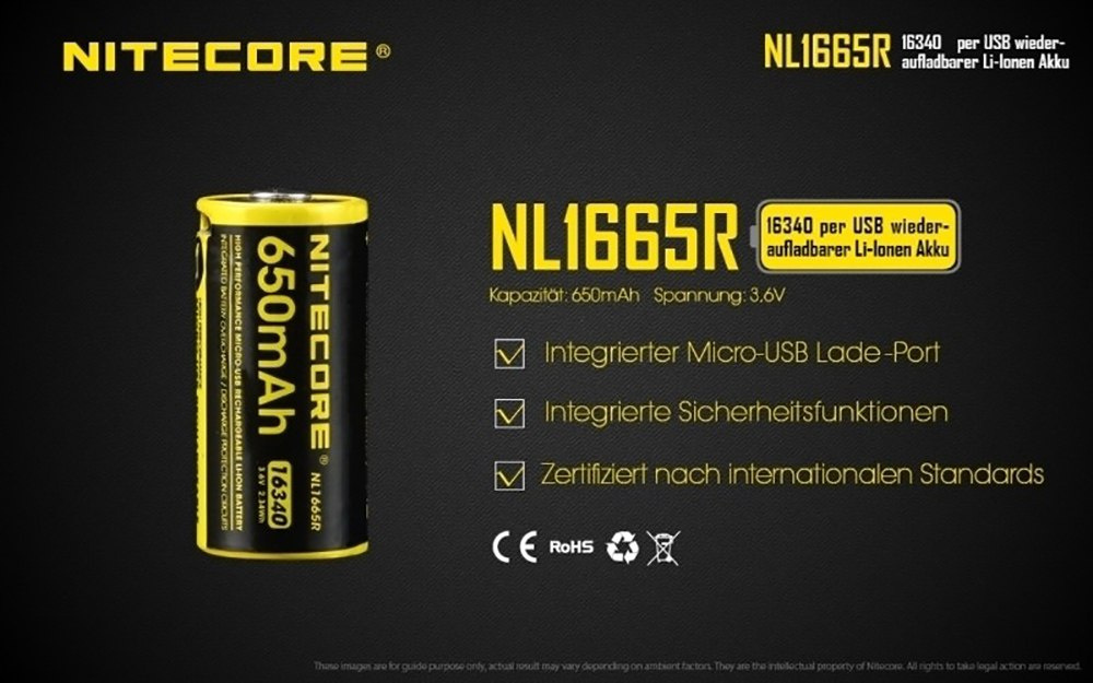 Nitecore 16340 - 650mAh 3,6V - 3,7V NL1665R Li-ion z micro USB Nitecore 16340 - 650mAh 3,6V - 3,7V NL1665R Li-ion z micro USB