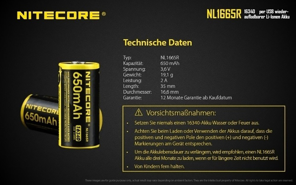 Nitecore 16340 - 650mAh 3,6V - 3,7V NL1665R Li-ion z micro USB Nitecore 16340 - 650mAh 3,6V - 3,7V NL1665R Li-ion z micro USB