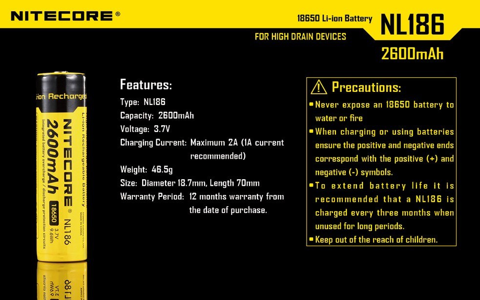 Nitecore 18650 - 2600mAh 3,7V - NL 1826 Nitecore 18650 - 2600mAh 3,7V - NL 1826