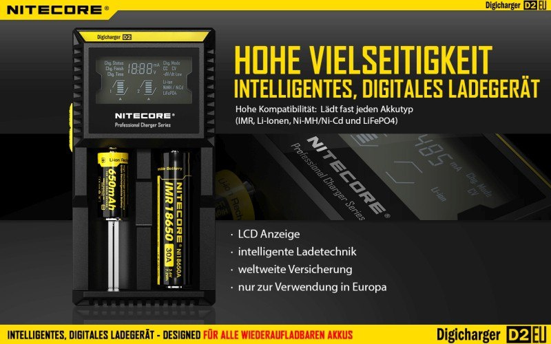 Nitecore D2 EU - inteligentna ładowarka do akumulatorów Li-ion, Ni-MH, Ni-CD, LiFePo4 Nitecore D2 EU - inteligentna ładowarka do akumulatorów Li-ion, Ni-MH, Ni-CD, LiFePo4