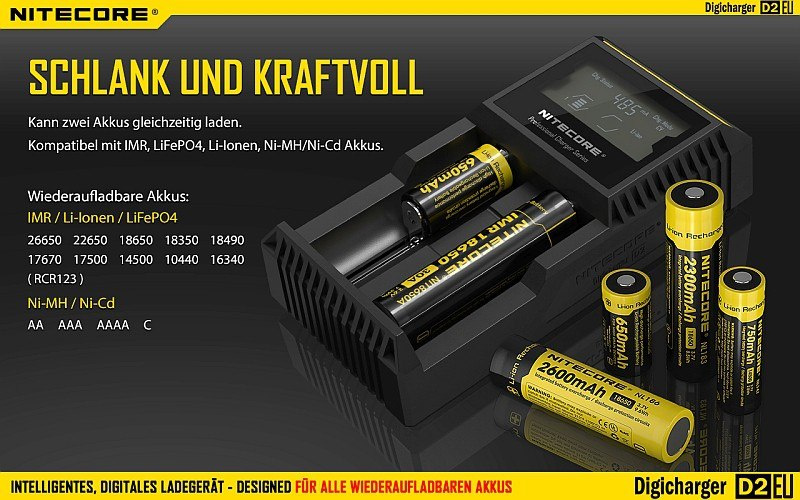 Nitecore D2 EU - inteligentna ładowarka do akumulatorów Li-ion, Ni-MH, Ni-CD, LiFePo4 Nitecore D2 EU - inteligentna ładowarka do akumulatorów Li-ion, Ni-MH, Ni-CD, LiFePo4
