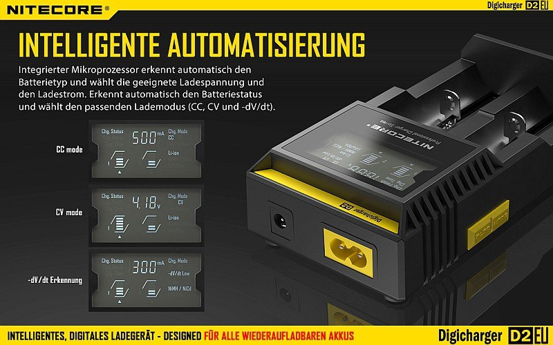 Nitecore D2 EU - inteligentna ładowarka do akumulatorów Li-ion, Ni-MH, Ni-CD, LiFePo4 Nitecore D2 EU - inteligentna ładowarka do akumulatorów Li-ion, Ni-MH, Ni-CD, LiFePo4