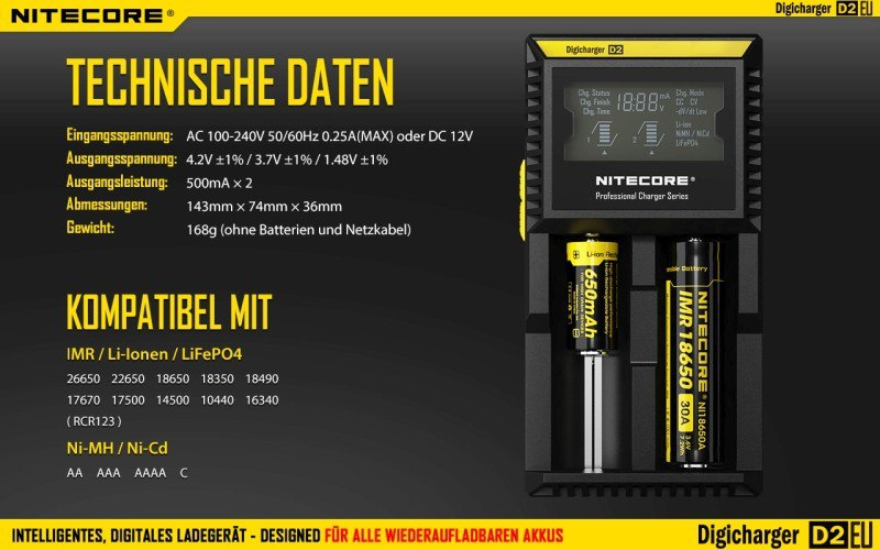 Nitecore D2 EU - inteligentna ładowarka do akumulatorów Li-ion, Ni-MH, Ni-CD, LiFePo4 Nitecore D2 EU - inteligentna ładowarka do akumulatorów Li-ion, Ni-MH, Ni-CD, LiFePo4