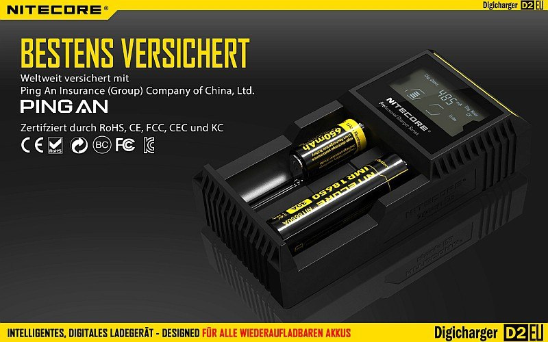 Nitecore D2 EU - inteligentna ładowarka do akumulatorów Li-ion, Ni-MH, Ni-CD, LiFePo4 Nitecore D2 EU - inteligentna ładowarka do akumulatorów Li-ion, Ni-MH, Ni-CD, LiFePo4
