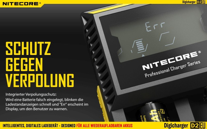 Nitecore D2 EU - inteligentna ładowarka do akumulatorów Li-ion, Ni-MH, Ni-CD, LiFePo4 Nitecore D2 EU - inteligentna ładowarka do akumulatorów Li-ion, Ni-MH, Ni-CD, LiFePo4