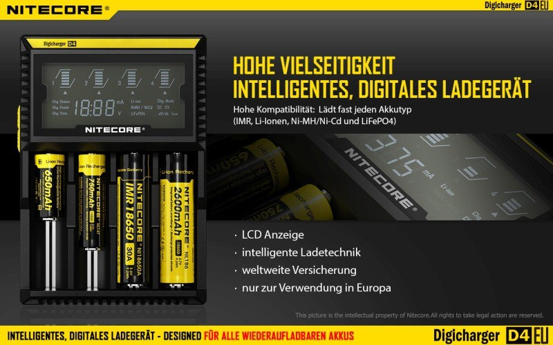 Nitecore D4 EU - inteligentna ładowarka do akumulatorów Li-ion, Ni-MH, Ni-CD, LiFePo4 Nitecore D4 EU - inteligentna ładowarka do akumulatorów Li-ion, Ni-MH, Ni-CD, LiFePo4