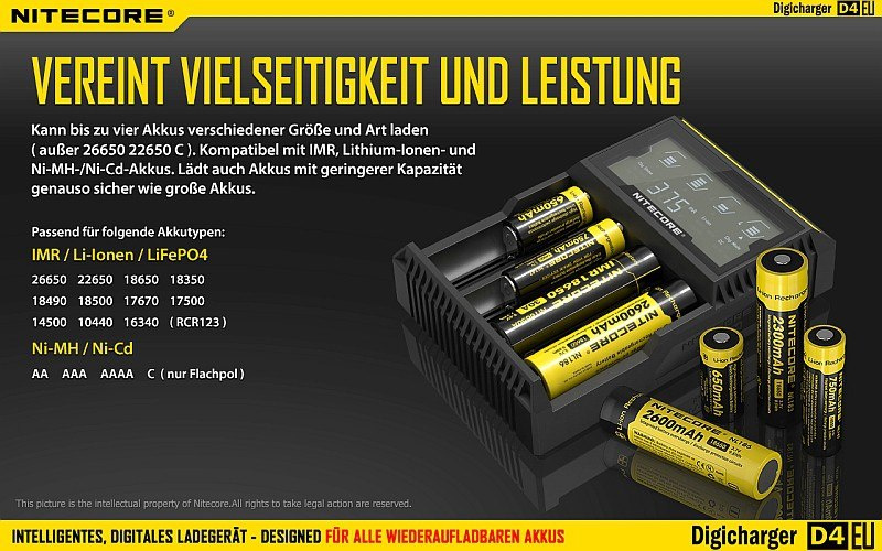 Nitecore D4 EU - inteligentna ładowarka do akumulatorów Li-ion, Ni-MH, Ni-CD, LiFePo4 Nitecore D4 EU - inteligentna ładowarka do akumulatorów Li-ion, Ni-MH, Ni-CD, LiFePo4