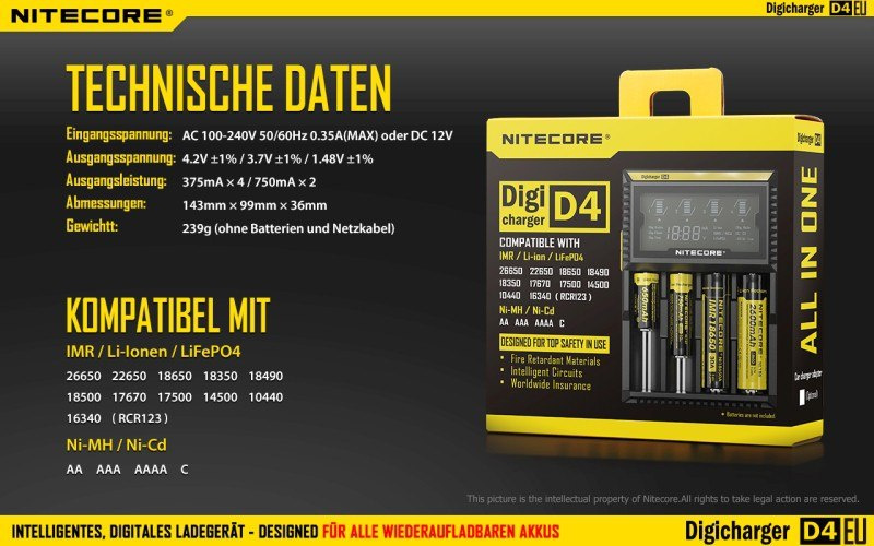 Nitecore D4 EU - inteligentna ładowarka do akumulatorów Li-ion, Ni-MH, Ni-CD, LiFePo4 Nitecore D4 EU - inteligentna ładowarka do akumulatorów Li-ion, Ni-MH, Ni-CD, LiFePo4