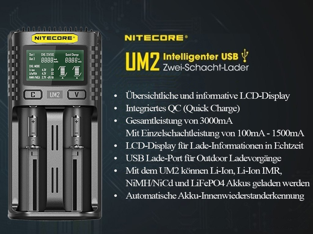 Nitecore UM2 ładowarka do akumulatorów Li-ion, LiFePo4, Ni-MH,Ni-CD Nitecore UM2 ładowarka do akumulatorów Li-ion, LiFePo4, Ni-MH,Ni-CD