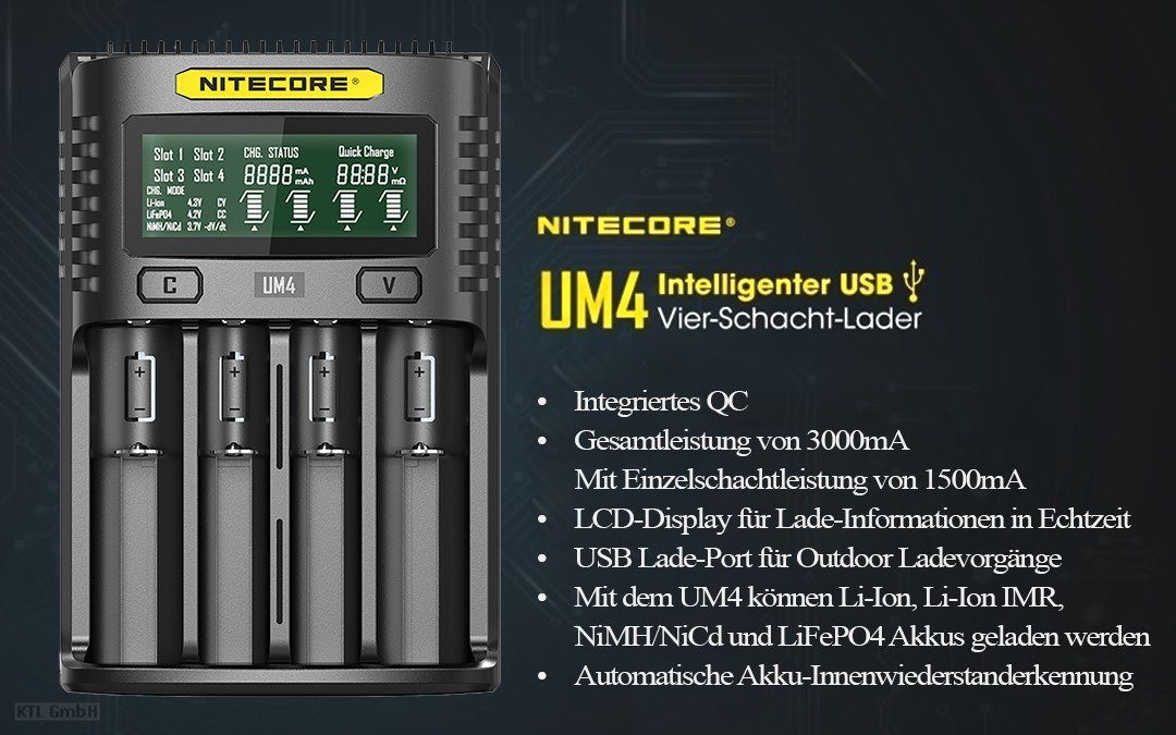 Nitecore UM4 - inteligentna ładowarka do akumulatorów Li-Ion, LiFePo4, Ni-MH, Ni-CD Nitecore UM4 - inteligentna ładowarka do akumulatorów Li-Ion, LiFePo4, Ni-MH, Ni-CD