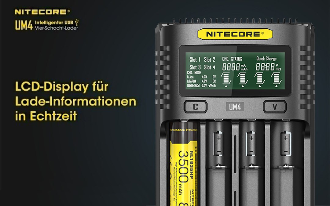 Nitecore UM4 - inteligentna ładowarka do akumulatorów Li-Ion, LiFePo4, Ni-MH, Ni-CD Nitecore UM4 - inteligentna ładowarka do akumulatorów Li-Ion, LiFePo4, Ni-MH, Ni-CD