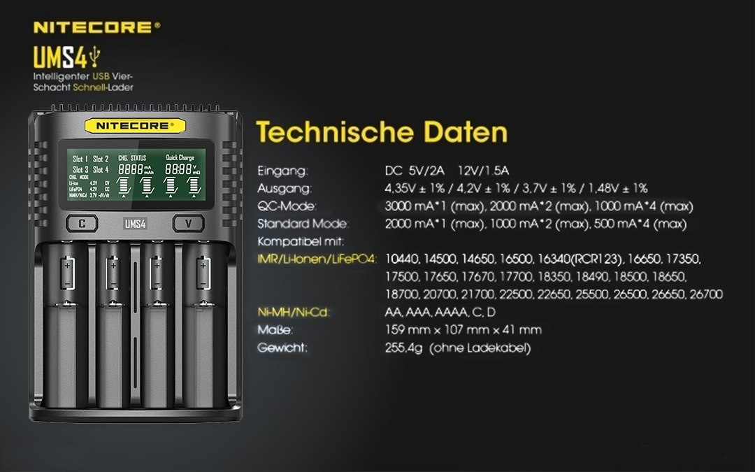 Nitecore UMS4 ładowarka do akumulatorów Li-ion, LiFePo4, Ni-MH, Ni-CD Nitecore UMS4 ładowarka do akumulatorów Li-ion, LiFePo4, Ni-MH, Ni-CD