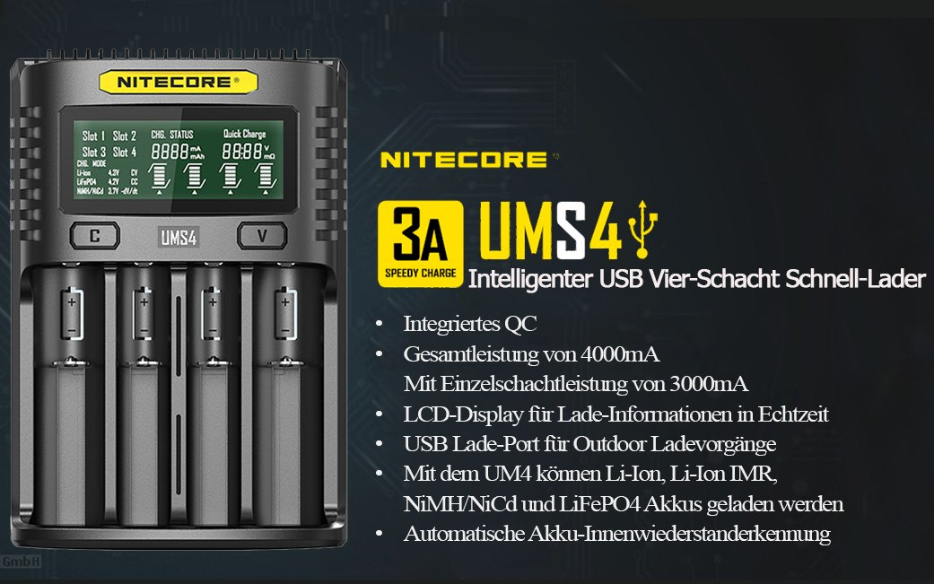 Nitecore UMS4 ładowarka do akumulatorów Li-ion, LiFePo4, Ni-MH, Ni-CD Nitecore UMS4 ładowarka do akumulatorów Li-ion, LiFePo4, Ni-MH, Ni-CD