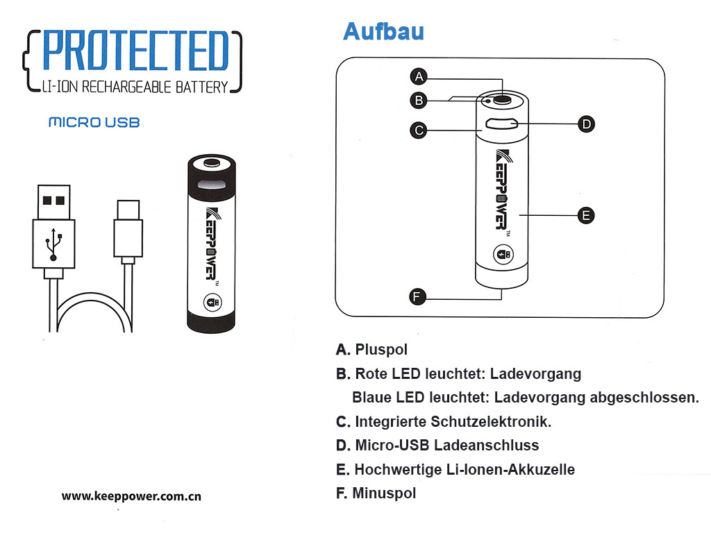 Keeppower 14500 - 950mAh 3,6V - 3,7V z micro USB Keeppower 14500 - 950mAh 3,6V - 3,7V z micro USB