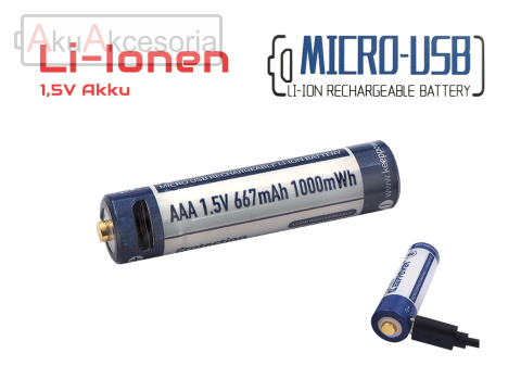Keeppower AAA - 1,5V Li-ion z micro USB 1000mWh (ok. 667mAh)