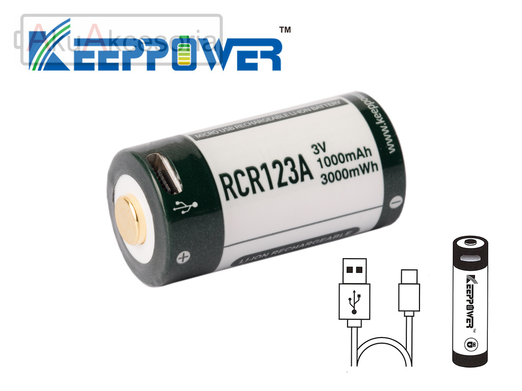 Keeppower RCR123A 3V - 1000mAh z micro USB