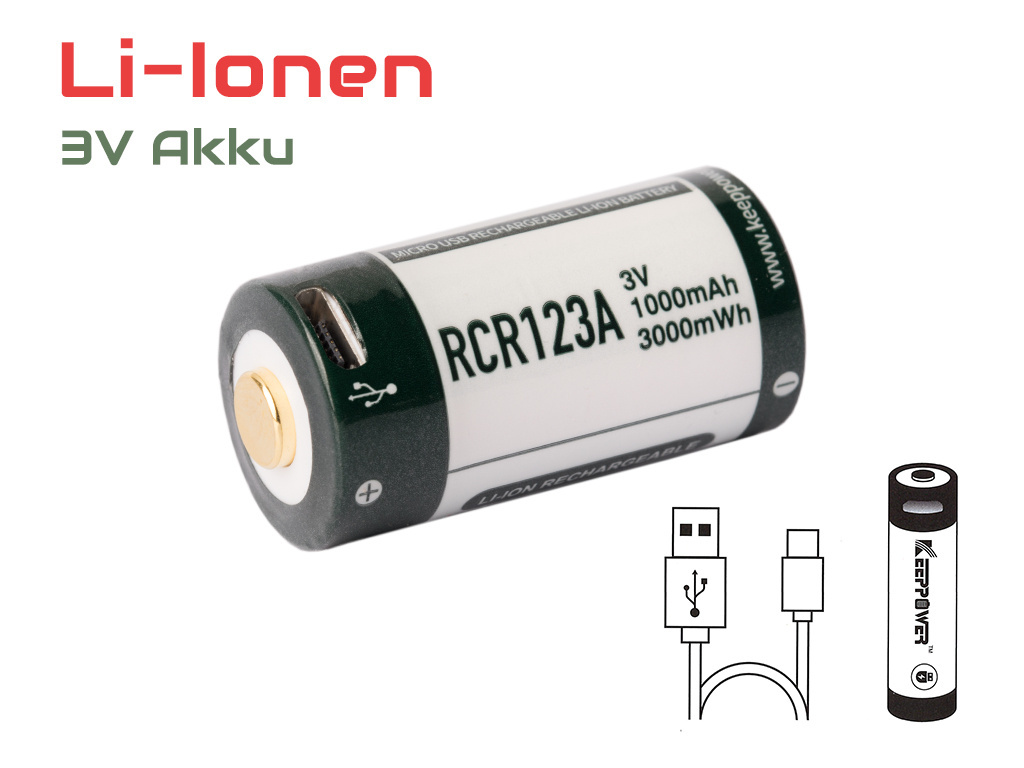 Keeppower RCR123A 3V - 1000mAh z micro USB Keeppower RCR123A 3V - 1000mAh z micro USB