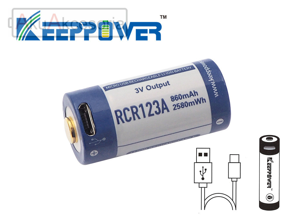 Keeppower RCR123A 3V - 880mAh z micro USB