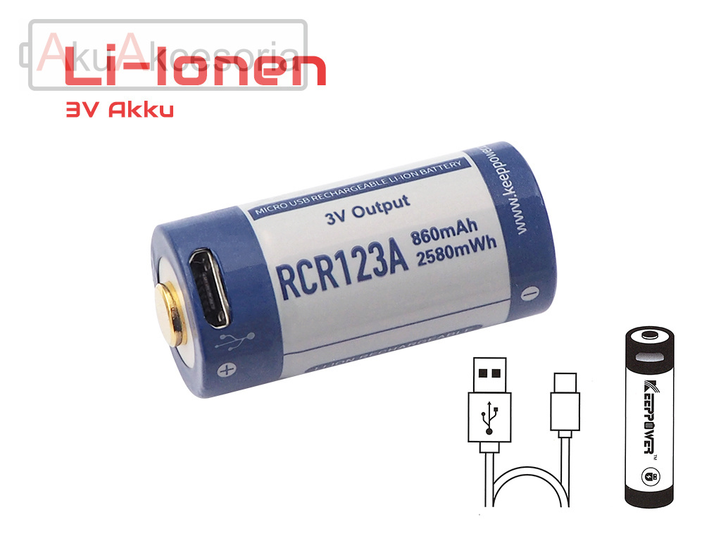 Keeppower RCR123A 3V - 880mAh z micro USB