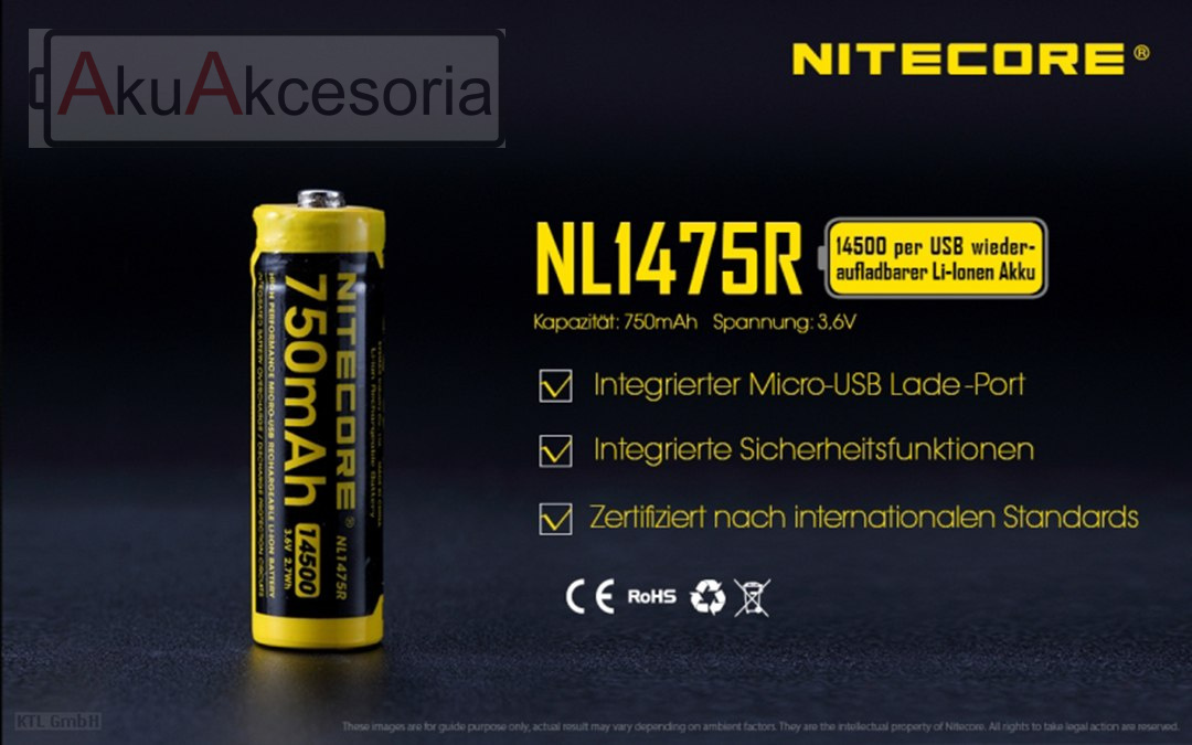 Nitecore 14500 - 750mAh NL 1475R 3,6V - 3,7V z micro USB