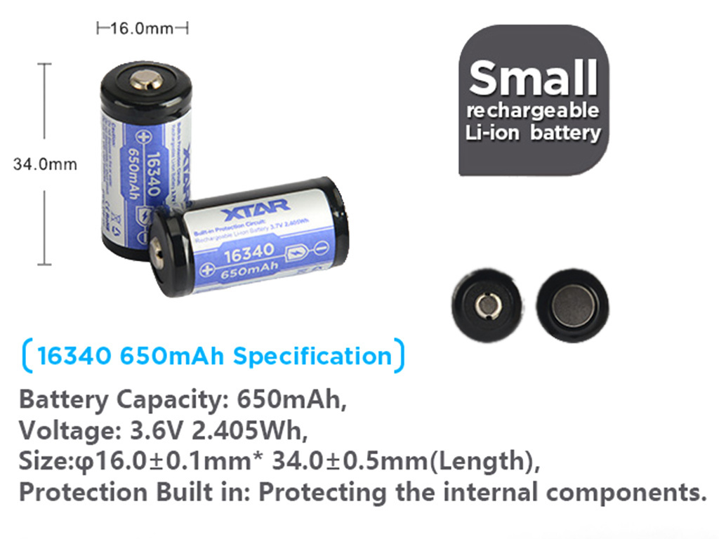 Xtar 16340 (LIR123A) - 650mAh 3,6V - 3,7V zabespieczony PCB Xtar 16340 (LIR123A) - 650mAh 3,6V - 3,7V zabespieczony PCB