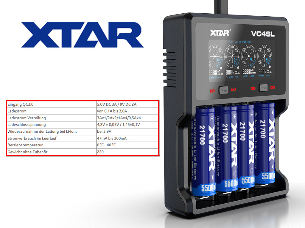 Xtar VC4SL QC3.0 ładowarka do akumulatorów Li-ion i Ni-MH Xtar VC4SL QC3.0 ładowarka do akumulatorów Li-ion i Ni-MH