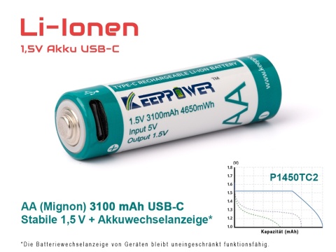 Keeppower 14500 AA - 1,5V Li-ion z portem ładowania USB-C 4650mWh (ok. 3100mAh) Keeppower 14500 AA - 1,5V Li-ion z portem ładowania USB-C 4650mWh (ok. 3100mAh)