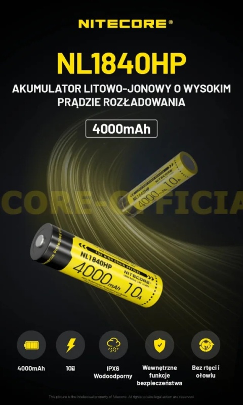 Nitecore Akumulator 18650 - 4000mAh 10A 3,6V - 3,7V NL1840HP