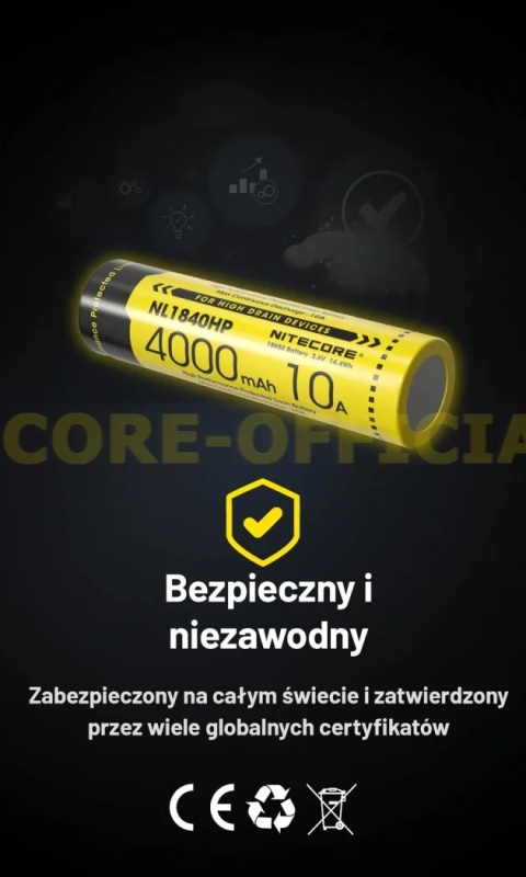 Nitecore Akumulator 18650 - 4000mAh 10A 3,6V - 3,7V NL1840HP