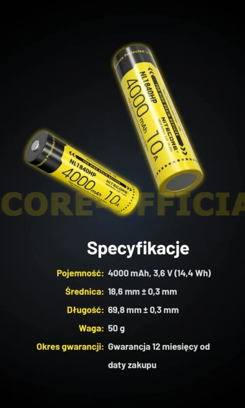 Nitecore Akumulator 18650 - 4000mAh 10A 3,6V - 3,7V NL1840HP