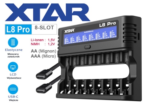XTAR L8 Pro Ładowarka do akumulatorów AA/AAA Li-Ion 1,5V i Ni-MH 1,2V
