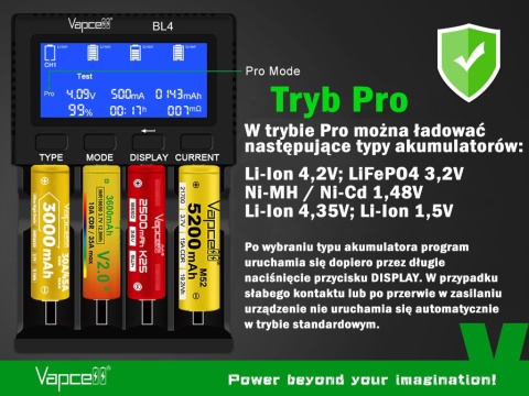 Vapcell BL4 Ładowarka do akumulatorów Li-ion / NI-MH / LiFePO4 / 1,5V Li-ion