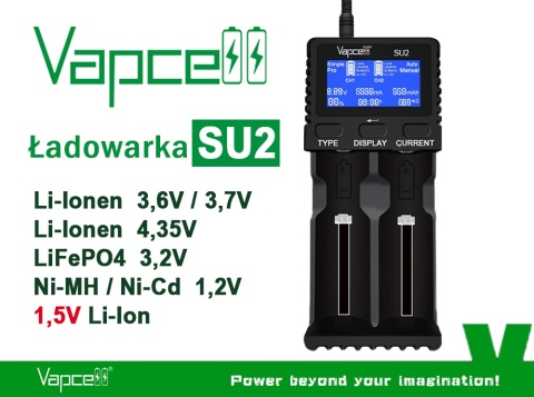 Vapcell SU2 Ładowarka z zasilaczem do akumulatorów Li-ion / NI-MH / LiFePO4 / 1,5V Li-ion