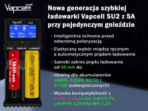 Vapcell SU2 Ładowarka z zasilaczem do akumulatorów Li-ion / NI-MH / LiFePO4 / 1,5V Li-ion