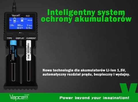 Vapcell SU2 Ładowarka z zasilaczem do akumulatorów Li-ion / NI-MH / LiFePO4 / 1,5V Li-ion