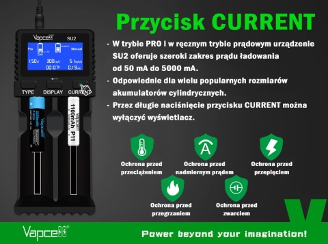 Vapcell SU2 Ładowarka z zasilaczem do akumulatorów Li-ion / NI-MH / LiFePO4 / 1,5V Li-ion