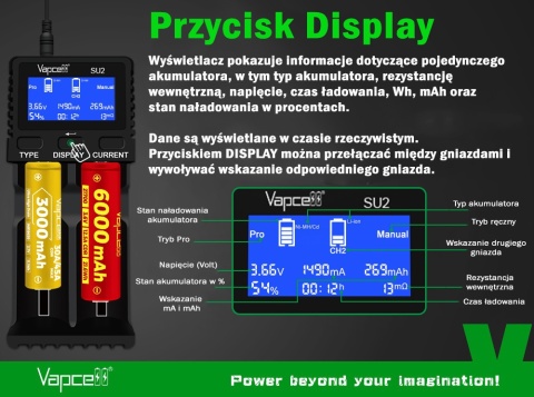 Vapcell SU2 Ładowarka z zasilaczem do akumulatorów Li-ion / NI-MH / LiFePO4 / 1,5V Li-ion