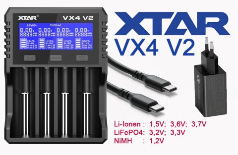 Xtar VX4 V2 SET Ładowarka z zasilaczem do akumulatorów 1,5V 3,6/3,7V Li-Ion & 3,2V LiFePo4 & 1,2V Ni-MH