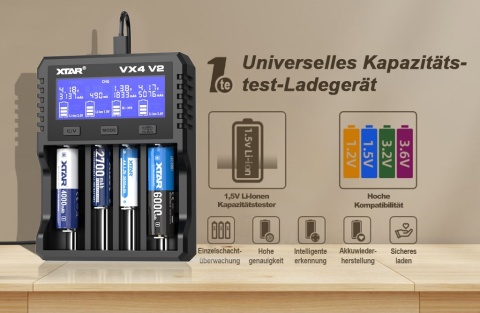 Xtar VX4 V2 SET Ładowarka z zasilaczem do akumulatorów 1,5V 3,6/3,7V Li-Ion & 3,2V LiFePo4 & 1,2V Ni-MH
