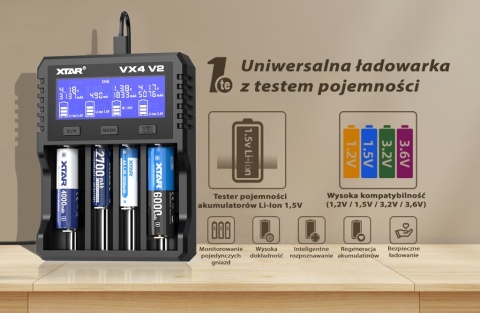 Xtar VX4 V2 SET Ładowarka z zasilaczem do akumulatorów 1,5V 3,6/3,7V Li-Ion & 3,2V LiFePo4 & 1,2V Ni-MH