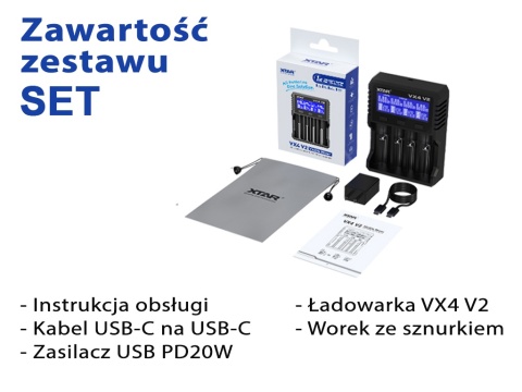Xtar VX4 V2 SET Ładowarka z zasilaczem do akumulatorów 1,5V 3,6/3,7V Li-Ion & 3,2V LiFePo4 & 1,2V Ni-MH
